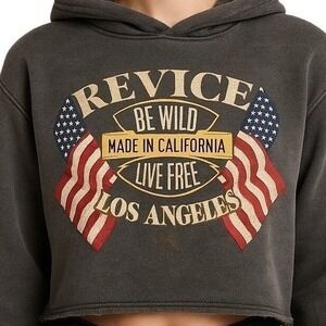 Revice Los Angeles Cropped Hoodie Distressed American Flag Graphic Gray Wms M